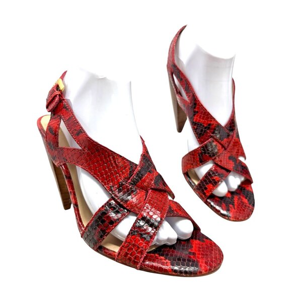 Joan & David Dalanaro Red Embossed Leather Cone Heel Sandals - Picture 10 of 12